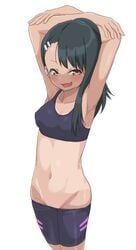 1girls bike_shorts black_hair blush breasts brown_eyes bubukka cleavage clothed clothing female_focus female_only hayase_nagatoro hi_res long_hair looking_at_viewer navel please_don't_bully_me,_nagatoro pose revealing_clothes simple_background small_breasts smile solo tanline tanned white_background