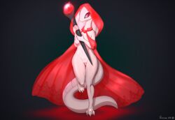 2021 3_toes absurd_res anthro breasts cleft_of_venus cloak clothing feet female genitals hi_res kobold looking_at_viewer magic_user mostly_nude on_one_leg peach_pussy pink_eyes pussy red_clothing romancruzzz solo standing toes white_body