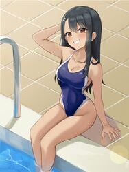 1girls big_breasts black_hair blush breasts brown_eyes cleavage clothed clothing female_focus female_only hayase_nagatoro hi_res kano_(wi3028) long_hair looking_at_viewer please_don't_bully_me,_nagatoro pool pose revealing_clothes simple_background smile solo tanline tanned