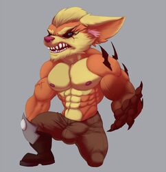 2019 4_fingers angry anthro arm_markings balls_outline big_abs big_bulge big_ears big_eyes big_head big_muscles big_triceps blue_eyes blue_pupils boots bottomwear bristol brown_arms brown_body brown_boots brown_bottomwear brown_claws brown_clothing brown_face brown_fingers brown_footwear brown_fur brown_hands brown_markings brown_pants bulge burlywood_belly burlywood_chest burlywood_ears burlywood_eyebrows burlywood_face burlywood_neck burlywood_pseudo_hair cheek_tuft chin_tuft claws clothed clothed_anthro clothed_male clothing colored digital_drawing_(artwork) digital_media_(artwork) ear_tuft facial_tuft fan_character fingers footwear frown full-length_portrait fur genital_outline grey_background half-closed_eyes head_tuft huge_muscles huge_pecs humanoid_hands inner_ear_fluff kneeling league_of_legends leg_markings looking_at_viewer male male_anthro mammal manly markings multicolored_body multicolored_face multicolored_fur muscular muscular_anthro muscular_male narrowed_eyes open_frown open_mouth orange_arms orange_body orange_face orange_fur orange_inner_ear original_character pants penis_outline pink_nose portrait pose pupils riot_games serratus shaded sharp_teeth short_anthro short_male simple_background socks_(marking) solo solo_male tan_body tan_fur teeth three-quarter_view topless topless_anthro topless_male tuft two_tone_arms two_tone_face two_tone_inner_ear veiny_arms video_games white_inner_ear yordle