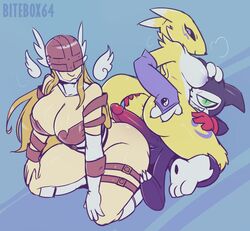 2021 angel angewomon anthro anthro_on_anthro armor armwear assjob bandai_namco big_penis bitebox64 blonde_hair breasts buttjob canid canine cleavage clothed clothing collaborative collaborative_buttjob collaborative_hot_dogging collaborative_sex cowgirl_position digimon digimon_(species) double_assjob double_buttjob elbow_gloves erection female female_on_top fox fur genitals gloves green_eyes grin group group_sex hair handwear headgear helmet hi_res hot_dogging humanoid humanoid_genitalia humanoid_on_anthro humanoid_penis imp impmon male male/female male_on_bottom mammal mostly_nude nipples on_bottom on_top penis renamon sex smile threesome trio yellow_body yellow_fur