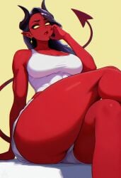 1girls abs absurdres bare_arms bare_legs bare_shoulders black_hair colored_sclera colored_skin commentary crop_top demon_horns demon_tail dispatch_(game) earrings english_commentary female female_only hamaxade hand_on_own_face highres horns jewelry long_hair long_legs malevola_gibb no_pupils red_nails red_skin short_shorts shorts sitting solo tail tank_top tight_top upshorts white_shorts white_tank_top yellow_sclera