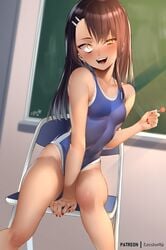 1girls black_hair blush breasts brown_eyes clothed clothing female_focus female_only hayase_nagatoro hi_res long_hair looking_at_viewer open_mouth please_don't_bully_me,_nagatoro pose revealing_clothes simple_background small_breasts smile solo swimsuit tanline tanned watermark zasshu96