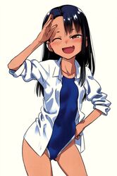 1girls 774_(nanashi) black_hair blush breasts brown_eyes clothed clothing female_focus female_only hayase_nagatoro hi_res long_hair looking_at_viewer please_don't_bully_me,_nagatoro pose revealing_clothes simple_background small_breasts smile solo swimsuit wink