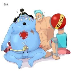 1:1 2021 2boys anthro balls belly blue_body blush boner duo erection fish-men_(one_piece) franky gay genitals handjob hi_res human jinbe male male/male male_only mammal marine moobs muscular muscular_male nipples nude one_piece overweight overweight_male peixealcoolatra penile penis sex sitting yaoi