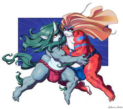 absurd_res amur_carp anthro asian_clothing asian_mythology balls_outline barazoku big_bulge bulge carp clothing curled_hair curled_tail cyprinid cypriniform deity detailed_bulge duo east_asian_clothing east_asian_mythology english_text fish foo_dog fundoshi genital_outline glowing glowing_eyes green_hair grey_body hair hi_res horn japanese_clothing japanese_mythology japanese_text koi komainu lapinbeau living_statue long_hair male male_only mammal mamoru_(daniruu) marine muscular muscular_anthro muscular_male mythology orange_body overweight overweight_male shīsā sumo sumo_wrestling text typical_carp underwear yellow_eyes yōkai