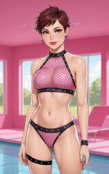 ai_generated dark_red_hair heart_earrings leather_clothing pink_background pixie_cut pool punk punk_girl rgomez007 slender_body spiked_collar stable_diffusion swimsuit thigh_strap tomboy