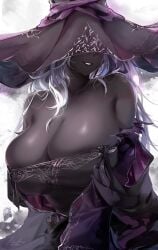 1girls big_breasts busty cleavage dark-skinned_female dark_skin elden_ring elden_ring_nightreign female_only fromsoftware huge_breasts korusakku large_breasts milf recluse_(nightreign) revealing_clothes white_hair witch witch_hat