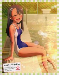 1girls 774_(nanashi) black_hair blush breasts brown_eyes clothed clothing detailed_background female_focus female_only hayase_nagatoro hi_res long_hair looking_at_viewer open_mouth please_don't_bully_me,_nagatoro pool pose revealing_clothes small_breasts smile solo swimsuit