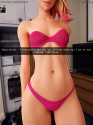 3d 3d_(artwork) belly belly_button bra darkbahamuth female fortnite gwen_stacy lingerie marvel midriff panties petite petite_body petite_female pinup snapchat spider-gwen spider-gwen_(fortnite) teenage_girl teenager text tummy young