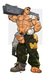 1boy abs bara barefoot biceps black_eyes brown_hair brown_shoes carrying_over_shoulder collarbone commentary_request construction_worker eyebrow_cut facial_hair feet full_body girthy_penis gloves green_pants groin hard_hat helmet highres large_pectorals large_penis large_testicles male_focus male_pubic_hair muscular muscular_arms muscular_male navel nipples original pants pectorals penis penis_out pocket precum precum_drip pubic_hair pubic_hair_peek scar scar_on_face scar_on_mouth scar_on_stomach shiny_skin shoes simple_background single_bare_foot single_shoe solo stubble sweat testicles thick_eyebrows thick_neck topless_male towel towel_on_one_shoulder untied_shoelaces untied_shoes unworn_headwear unworn_helmet white_background white_gloves xian_miao