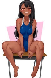 1girls b-pang black_hair blush breasts brown_eyes cameltoe clothed clothing female_focus female_only hayase_nagatoro hi_res long_hair looking_at_viewer medium_breasts navel please_don't_bully_me,_nagatoro pose revealing_clothes simple_background sitting smile solo spread_legs