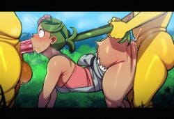 1girls 2boys ai_generated female hair_pull hypno interspecies lameai male mallow_(pokemon) multiple_boys oral pokemon pokephilia questionable_consent request sex spitroast vaginal_penetration wide_eyed
