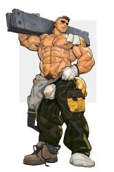 1boy abs bara biceps black_eyes brown_hair brown_shoes bulge carrying_over_shoulder collarbone commentary_request construction_worker eyebrow_cut facial_hair full_body gloves green_pants groin hard_hat helmet highres large_bulge large_pectorals male_focus male_pubic_hair muscular muscular_arms muscular_male navel nipples original pants pectorals pocket precum precum_drip precum_through_clothes pubic_hair pubic_hair_peek scar scar_on_face scar_on_mouth scar_on_stomach shiny_skin shoes simple_background single_shoe socks solo stubble sweat thick_eyebrows thick_neck topless_male towel towel_on_one_shoulder untied_shoelaces untied_shoes unworn_headwear unworn_helmet white_background white_gloves white_socks xian_miao
