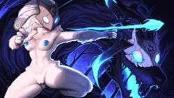 16:9 2021 5_fingers anthro areola arrow blue_nipples bovid bow_(weapon) breasts caprine digital_media_(artwork) female fingers fur genitals hi_res holding_bow holding_object holding_weapon kawfee kindred lamb_(league_of_legends) league_of_legends light lighting mammal nipples open_mouth pussy ranged_weapon riot_games sheep spread_legs spreading video_games weapon widescreen wolf_(league_of_legends)