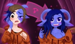blue_body blue_hair blue_skin blush brown_eyes brown_hair bust_portrait clothes_falling_off clothing color_change curled_horn demon female floppy_ears gender_transformation hair height_loss hoodie horn horned_humanoid human humanoid imp long_sleeves male mammal mentalcrash nipple_slip nipples not_furry orange_clothing orange_hoodie orange_topwear pink_glow pivoted_ears pointy_ears portrait purple_eyes sharp_teeth short_stack short_stackification sleeves_past_fingers solo teeth topwear transformation transformation_through_magic