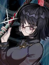 1girls big_breasts black_hair black_sweater blinky_(hunter_x_hunter) blood breasts chain_bracelet chain_bracelets chain_necklace chains commentary_request cross cross_necklace female glasses highres hunter_x_hunter inverted_cross jewelry large_breasts looking_at_viewer medium_hair necklace phantom_troupe purple_eyes shizuku_murasaki sweater turtleneck upper_body vacuum_cleaner ziyuuuuuuda
