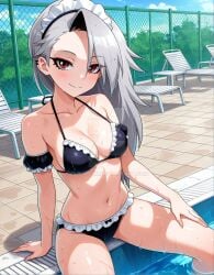 2025 accessory_only ai_generated belly bikini black_dot_eyes closed_mouth_smile deviantart elryusam female_only gray_eyebrows gray_hair_female hand_on_lap hand_on_leg helluva_boss human_loona looking_at_viewer loona_(helluva_boss) maid_bikini maid_bracelet maid_headdress medium_hair_female pool_background red_eyes_female sitting_on_lap smile_at_viewer smiling_at_viewer teenage_girl tummy vivziepop wet_body wet_face wet_hair wet_head youtube