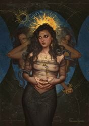 black_hair breasts breasts_out dark_hair fdasuarez greek_mythology halo hecate_(mythology) long_hair multiple_arms see-through see-through_clothing serpent serpents snake snakes