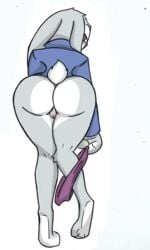 anthro ass bent_over big_butt blush clothing disney female genitals judy_hopps lagomorph leporid looking_at_viewer looking_back looking_back_at_viewer mammal pace-maker panties panties_around_one_leg purple_eyes pussy rabbit rear_view scut_tail shirt short_tail simple_background solo topwear underwear underwear_around_one_leg undressing white_background zootopia