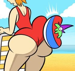 1boys 1girls 2025 adult_swim ass ball_bump_on_ass beach beach_ball beach_chair beachball big_ass bikini comedy female funny glep_(smiling_friends) green_body green_skin hat humor light-skinned_female light_skin male movie_reference oboithisisfunky ocean psychicpebbles purple_hat red_bikini rio_(film) rio_(series) sand smiling_friends tagme wizard_hat zoey_(smiling_friends)