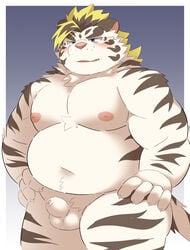 2021 anthro balls belly blush bodily_fluids felid fur genitals hi_res humanoid_genitalia humanoid_hands humanoid_penis kemono licho_(tas) lifewonders male mammal moobs navel nipples overweight overweight_male pantherine penis pink_nose ptcmtr sad small_penis solo tears tiger tokyo_afterschool_summoners video_games white_body white_fur