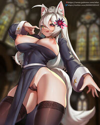 ahoge animal_humanoid areola asian_clothing big_breasts black_clothing black_legwear black_thigh_highs blush breasts cameltoe cat_humanoid church clitoris clothed clothing cricetid digital_media_(artwork) duo east_asian_clothing exposed_breasts felid felid_humanoid feline feline_humanoid female fur genitals grey_body grey_fur hair hamster heterochromia huge_breasts humanoid inner_ear_fluff japanese_clothing legwear light_body light_skin maebari mammal mammal_humanoid nipples niur nun nun_outfit red_eyes rodent skindentation text thigh_highs tongue tongue_out tuft url white_hair yellow_eyes