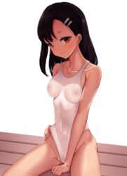 1girls black_hair blush breasts brown_eyes clothed clothing female_focus female_only hayase_nagatoro hi_res long_hair looking_at_viewer medium_breasts minted navel nipples please_don't_bully_me,_nagatoro pose revealing_clothes simple_background sitting smile solo spread_legs swimsuit transparent_clothing white_background