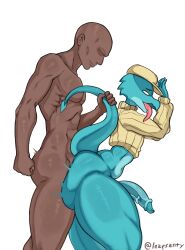 anal anal_sex anthro arrogant big_penis blue_body blue_skin clothing duo genitals hat headgear headwear hi_res human human_on_anthro humanoid interspecies joseph_(gobsmacker) leafsanty male male/male mammal muscular muscular_male penetration penis submissive sweater tail tail_grab tongue tongue_out topwear