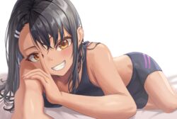 1girls bike_shorts black_hair blush breasts brown_eyes caplk cleavage clothed clothing female_focus female_only hayase_nagatoro hi_res laying_down long_hair looking_at_viewer on_side please_don't_bully_me,_nagatoro pose revealing_clothes simple_background small_breasts solo