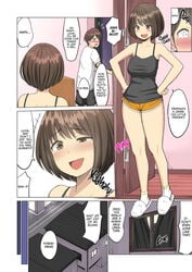 1boy 1girls ankle_socks anklehighs bedroom blush blushing breasts brown_eyes brown_hair comic english_text female hand_on_hip hard_translated human large_breasts male manga neginegio netorare plump shocked short_hair short_shorts socks speech_bubble suki_datta_no_ni..._natsu_~osananajimi_no_cheerleader_ga_kokujin_ryuugakusei_ni~ surprised sweat sweatdrop tank_top teasing text translated white_socks window