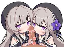 1boy 2girls beret censored clone clothing_cutout commentary cooperative_fellatio doll_joints fellatio ffm_threesome flower group_sex hair_flower hair_ornament hat heart heart_censor herta_(honkai:_star_rail) herta_(puppet)_(honkai:_star_rail) honkai:_star_rail honkai_(series) jewelry joints key key_necklace licking licking_penis long_hair looking_at_viewer multiple_girls necklace oral penis pov purple_eyes scarfy_(scarfy_chang) shoulder_cutout simple_background straight teamwork_(sexual) threesome tongue tongue_out white_background