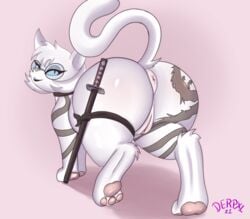 2021 8:7 a_cat_is_fine_too absurd_res anus ass big_butt derpx1 domestic_cat felid feline felis female feral fur furry furry_only genitals hi_res katana looking_at_viewer mammal melee_weapon pussy solo sword tail weapon white_body white_fur