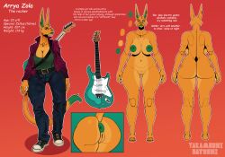 absurd_res anus arrya_(yaramoshi_satoshi) ass big_breasts big_butt breasts electric_guitar english_text felid feline female green_anus green_nipples guitar hi_res mammal model_sheet musical_instrument nipples piercing plucked_string_instrument solo string_instrument text thick_thighs wide_hips yaramoshi_satoshi