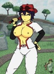 1girls areolae artist_signature baseball_bat baseball_cap baseball_mortar breasts breasts_out clothed female female_only lewdgyofu_art lowres mortar_(tds) nipples reference_image roblox roblox_game robloxian solo source_request stomach tagme tower_defense_simulator