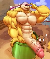 abs anthro bald biceps big_penis bulgefan detailed_background eyewear genital_piercing genitals goomba hi_res huge_cock hyper hyper_genitalia hyper_penis koopaling kosmonius male male_focus male_only mario_(series) muscular nintendo nipples pecs penis penis_piercing piercing pipes pose roy_koopa smile smirk solo sunglasses super_mario_bros. vein veiny_penis video_games