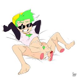 anal anal_sex b3-boyfriend b3-pico boyfriend_(friday_night_funkin) cum_in_ass friday_night_funkin friday_night_funkin_(b3_mod) grabbing_legs green_hair green_pubic_hair hat male_focus male_only penetration penis sex sunglasses t-shirt teeth wink