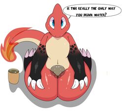 absurd_res anthro charmeleon claws english_text female fire flaming_tail genitals hi_res kingbeast looking_at_viewer nintendo nude pokémon_(species) pokemon pussy simple_background solo text video_games white_background