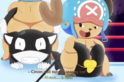 3:2 anthro antlers artist_request atlus bending black_body black_eyes black_fur black_tie_(suit) boston_crab bulge cel_shading clothed clothing deer detailed_bulge dialogue digital_drawing_(artwork) digital_media_(artwork) domestic_cat duo english_text felid feline felis feral fight fighting_ring fur gayoshie_(artist) genital_outline headgear headwear hi_res hooves horn male male/male male_only mammal markings mask megami_tensei morgana_(persona) new_world_deer nude one_piece paws pear-shaped_figure penis_outline persona_(series) persona_5 peterheat reindeer sega semi-anthro shaded short_stack submission_hold suit tail tail_markings text thong tony_tony_chopper topless topless_male underwear white_body white_fur wide_hips wrestling