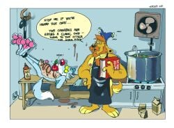 absurd_res anthro apple apple_gag apple_in_mouth appliance apron balls barbecue_sauce beard bell belly big_belly bird_dog black_nose blue_body blue_fur bodily_fluids bondage book box buckteeth canid canine canis carton chest_tuft cleaver_(knife) clothed clothing container cookbook cooking cooking_pot cooking_with_furs cutlery dialogue domestic_dog drooling duo ear_piercing erection eyewear facial_hair fire food fool's_hat fruit fur furry gag genitals glasses golden_retriever half-closed_eyes hand_on_hip hands_behind_back hat headgear headwear hi_res humanoid_genitalia humor hunting_dog imminent_vore jingle_bell joke kitchen kitchen_knife kitchen_utensils knife kon_shearo ladle male mammal meat_hook mostly_nude moustache multi_nipple narrowed_eyes nipple_piercing nipples nude_anthro orange_body orange_fur outlet partially_clothed pawpads paws peril piercing plant predator/prey raised_foot raised_paw red_nose restrained restraints retriever rodent saliva scared sciurid scurrow_(character) senedjem_(artist) shadow shaving speech_bubble squirrel stain stove sweat tail teeth teeth_showing tools tree_squirrel tuft wide_eyed yellow_body yellow_eyes yellow_fur