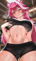 1girls anzhong big_breasts black_legwear down_angle down_view female hololive hololive_english hololive_english_-justice- italian large_breasts pink_hair raora_panthera solo sweat sweatdrop sweating sweaty under_view underview virtual_youtuber wide_hips