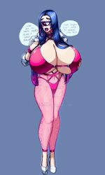 1_eye 2025 5_fingers big_breasts blue_hair blush bracelet breasts cleavage clothed clothing collar colored_tips cyclops digital_media_(artwork) ear_piercing ear_ring english_text eyebrows female fingers footwear hair hand_on_breast hi_res high_heels hoop_ear_ring huge_breasts humanoid hyper hyper_breasts jacket jewelry leggings legwear lips lipstick looking_away makeup mammal neme303 nemesisprime909 not_furry piercing purple_eyes ring_piercing shoes simple_background skimpy solo speech_bubble straps text thick_lips topwear translucent translucent_clothing