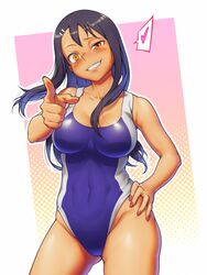 1girls big_breasts black_hair blush breasts brown_eyes cleavage clothed clothing curvy female_focus female_only hayase_nagatoro hi_res long_hair looking_at_viewer makairo muscular muscular_female navel please_don't_bully_me,_nagatoro pose revealing_clothes simple_background smile solo wide_hips