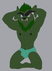 3_toes anthro belly big_abs big_biceps big_muscles big_pecs big_quads big_triceps black_eyebrows black_nipples black_nose blue_eyes briefs briefs_only bristol bulge cheek_tuft chin_tuft clothed clothed_anthro clothed_male clothing colored detailed_bulge digital_drawing_(artwork) digital_media_(artwork) eyebrows facial_tuft feet flat_colors front_view full-length_portrait fur green_arms green_belly green_body green_briefs green_chest green_face green_feet green_fur green_hands green_legs green_mane green_pseudo_hair green_pubes green_theme green_toes grey_background happy humanoid_feet kneeling looking_at_viewer looking_forward male mammal mane muscular muscular_anthro muscular_male navel nipples obliques open_mouth open_smile pecs plantigrade portrait pseudo_hair serratus simple_background skimpy smile smiling_at_viewer toes toony topless topless_anthro topless_male tuft underwear