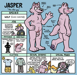 2021 3_toes ambiguous_species anthro ass balls bisexual bodily_fluids canid canine canis critterdome driving english_text feet female foot_fetish foreskin fur genital_fluids genitals gesture group jasper_(critterdome) kyle_(critterdome) lutrine male male_focus mammal model_sheet mustelid ophelia_(critterdome) pawpads penis precum pubes purple_body purple_fur solo_focus text toes waving wolf