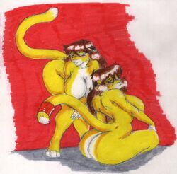 2006 anthro ass big_breasts big_butt blush breasts brown_hair danellz felid female hair hands_on_knees jewelry kathy_(danellz) kristy_(danellz) lion mammal multicolored_body nude pantherine ring sitting tail_jewelry tail_ring thick_thighs traditional_media_(artwork) two_tone_body