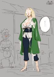 blonde_hair busty cum cum_bucket cum_on_body cum_on_breasts huge_breasts mature_female naruto overflowing_cum public speechless tsunade unamused uzumaki_naruto xshuai