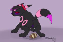 anus ass black_body bodily_fluids bow doesnotexist eeveelution egg egg_laying fan_character female feral genital_fluids genitals glowing glowing_markings looking_back markings nintendo pink_markings pokémon_(species) pokemon pokemon_(species) pussy pussy_juice red_eyes solo umbreon video_games