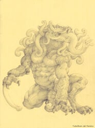 absurd_res amphibian animal_genitalia anthro big_penis bone claws demon genital_slit genitals hellboy_(series) hi_res lovecraftian male male_only monster muscular mythology penis pseudo_hair reptile sammael scalie skull slit smile solo supernatural teeth tentacle tentacle_hair tongue tongue_out traditional_media_(artwork) tuballkaindelparaiso_(artist) unknown_species