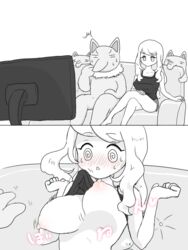 bent_wrist blush breasts castella drowzee hypno lifting nipples pokemon pokemon_(species) pokemon_xy serena_(pokemon) television